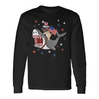 Pug Shark 4Th Of July Dog Mom Dad Puppy Lover Long Sleeve T-Shirt - Seseable