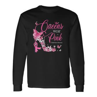 Queens Wear Pink Breast Cancer Awareness Butterfly High Heel Long Sleeve T-Shirt T-Shirt | Mazezy