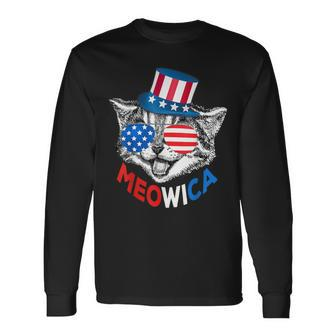 Red White Blue Patriotic Cat 4Th July Meowica American Flag Long Sleeve T-Shirt - Seseable