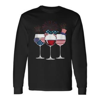 Red White And Blue Wine Glass 4Th Of July Long Sleeve T-Shirt - Seseable