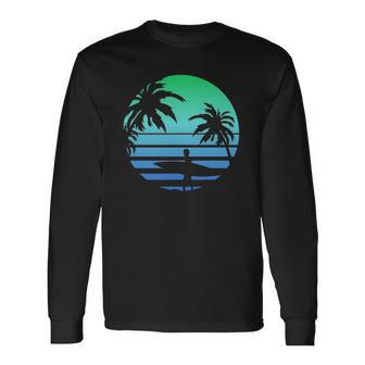 Retro Water Sport Surfboard Palm Tree Sea Tropical Surfing Long Sleeve T-Shirt T-Shirt | Mazezy