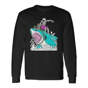 Skeleton Surfing Shark Halloween Long Sleeve T-Shirt - Thegiftio UK