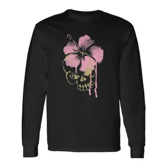 Skull Pink Flower Hibiscus Graphic Long Sleeve T-Shirt T-Shirt | Mazezy