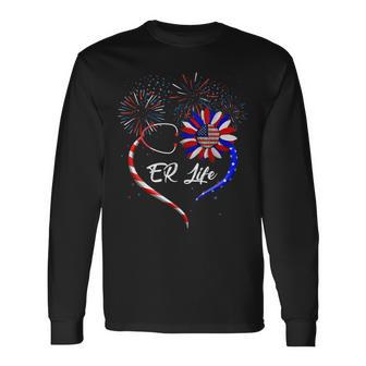 Stethoscope Sunflower Patriotic Er Life Nurse 4Th Of July Long Sleeve T-Shirt - Seseable