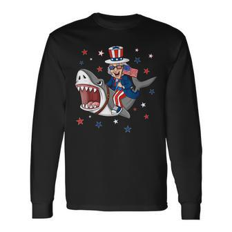 Uncle Sam Riding Shark 4Th Of July Patriotic Boys Long Sleeve T-Shirt - Seseable