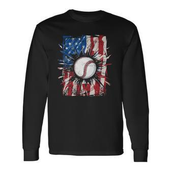 Vintage Baseball 4Th Of July Usa American Flag Boys Long Sleeve T-Shirt T-Shirt | Mazezy
