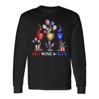 Wine Glasses 4Th Of July Red White And Blue Firework Long Sleeve T-Shirt - Seseable