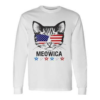 4Th Of July American Flag Cat Meowica V-Neck Long Sleeve T-Shirt T-Shirt | Mazezy