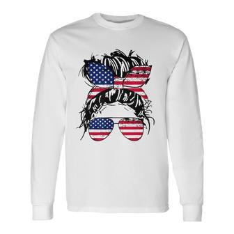 4Th Of July American Flag Patriotic Daughter Messy Bun Usa Long Sleeve T-Shirt T-Shirt | Mazezy