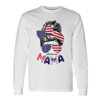 4Th Of July American Mama Messy Bun Mom Life Patriotic Mom Long Sleeve T-Shirt - Seseable
