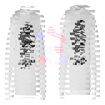 4Th Of July American Mama Messy Bun Mom Life Patriotic Mom Long Sleeve T-Shirt - Seseable