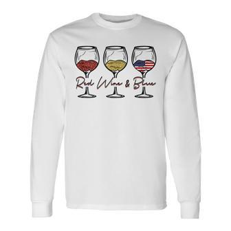 4Th Of July Wine Red White Blue Wine Glasses Red Wine & Blue Long Sleeve T-Shirt - Seseable