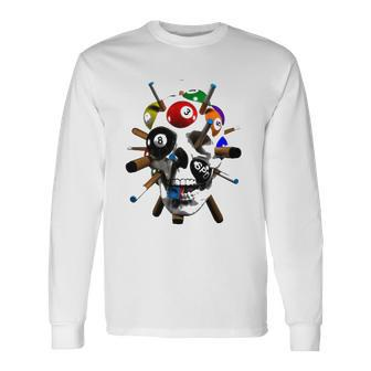 8 Ball Skull Pool Cues For Billiards & Eight Ball Players Long Sleeve T-Shirt T-Shirt | Mazezy