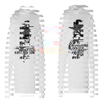 All American Mama Messy Bun Usa Flag Patriotic 4Th Of July Long Sleeve T-Shirt - Seseable