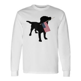 Black Lab Dog Holding July 4Th Patriotic Usa Flag Long Sleeve T-Shirt - Seseable