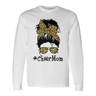 Cheer Mom Leopard Messy Bun Cheerleader V2 Long Sleeve T-Shirt - Seseable