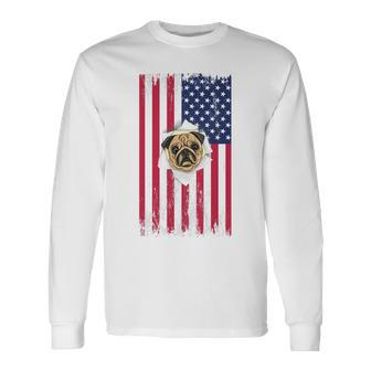 Cute Pug Face & American Flag – 4Th Of July Pug Dad Pug Mom Long Sleeve T-Shirt - Seseable
