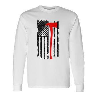 Distressed Patriot Axe Thin Red Line American Flag Long Sleeve T-Shirt T-Shirt | Mazezy