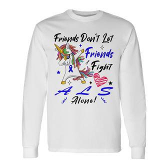 Friends Dont Let Friends Fight Als Alone Unicorn Blue Ribbon Amyotrophic Lateral Sclerosis Support Als Awareness Unisex Long Sleeve | Favorety AU