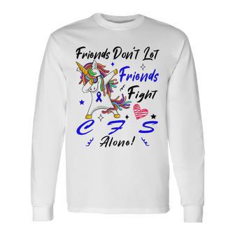 Friends Dont Let Friends Fight Chronic Fatigue Syndrome Cfs Alone Unicorn Blue Ribbon Chronic Fatigue Syndrome Support Cfs Awareness Unisex Long Sleeve | Favorety CA