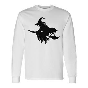 Halloween Scary Old Witch On Broom Art Design Pattern Unisex Long Sleeve | Favorety UK