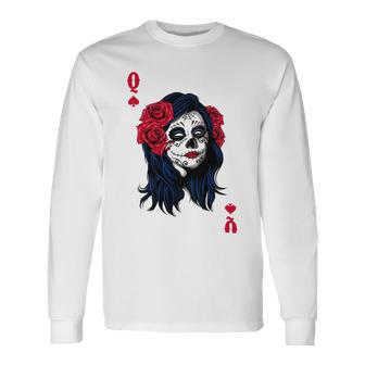 Halloween Sugar Skull With Red Floral Halloween By Mesa Cute Long Sleeve T-Shirt - Monsterry UK