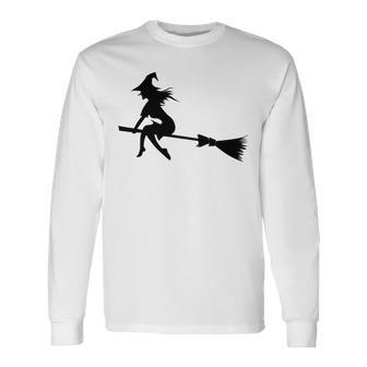 Halloween Young Scary Witch On Broom Pattern Unisex Long Sleeve | Favorety AU