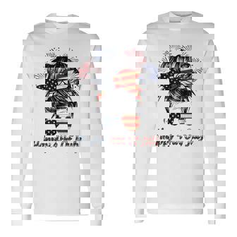 Happy 4Th Of July Messy Bun American Flag Firework Long Sleeve T-Shirt - Seseable