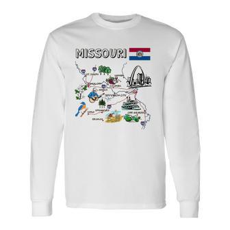 Map Of Missouri Landmarks Major Cities Roads Flag Long Sleeve T-Shirt T-Shirt | Mazezy