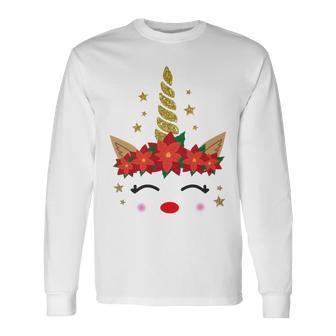 New Christmas Unicorn Face Santicorn Poinsettia Crown Cute Unisex Long Sleeve | Favorety DE