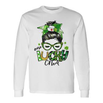 One Lucky Cna Messy Bun Shamrocks St Patricks Day Unisex Long Sleeve | Favorety DE