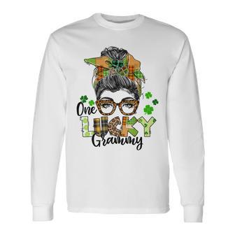 One Lucky Grammy Shamrock Plaid Leopard St Patricks Day Unisex Long Sleeve | Favorety UK