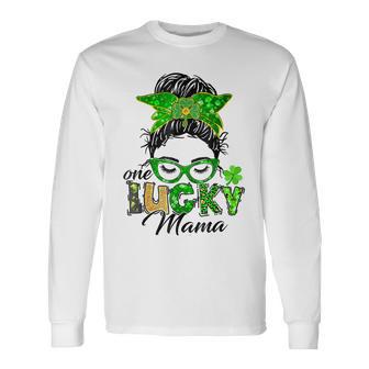 One Lucky Mama St Patricks Day Irish Shamrock Messy Bun Mom Unisex Long Sleeve | Favorety UK