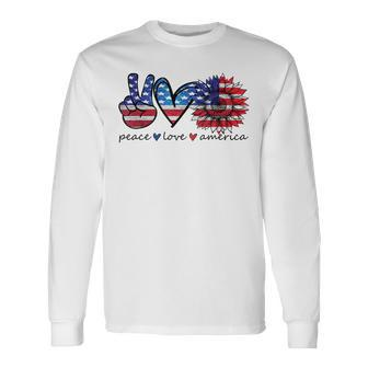 Peace Love America Flag Sunflower 4Th Of July Memorial Day Long Sleeve T-Shirt - Seseable
