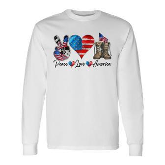 Peace Love America Vintage 4Th Of July Western America Flag Long Sleeve T-Shirt - Seseable