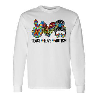 Peace Love Autism Mom Life Messy Bun Blue Autism Awareness Unisex Long Sleeve | Favorety CA