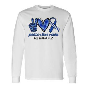 Peace Love Cure Blue & White Ribbon Als Awareness Month V2 Long Sleeve T-Shirt - Seseable