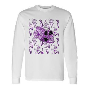 Purple Skull Flower Cool Floral Scary Halloween Gothic Theme Long Sleeve T-Shirt - Thegiftio UK