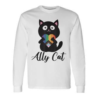 Rainbow Ally Cat Lgbt Gay Pride Flag Heart Long Sleeve T-Shirt T-Shirt | Mazezy