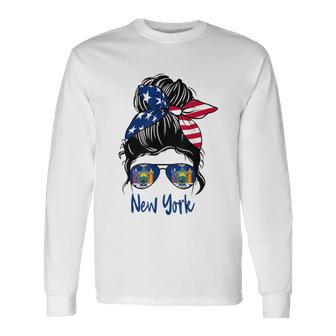 New York Girl New York Flag State Girlfriend Messy Bun Long Sleeve T-Shirt - Monsterry