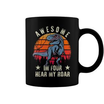 Awesome Im Four Hear Me Roar 4Th Birthday Dinosaur Coffee Mug - Seseable