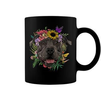 Floral Pit Bull Dog Spring Nature Dog Lovers T-Shirt Coffee Mug - Seseable