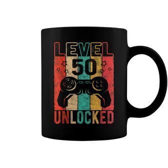 Fun 50Th Birthday Level 50 Unlocked Retro Graphic Birthday Coffee Mug - Seseable