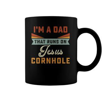Mens Im A Dad That Runs On Jesus Cornhole Christian Vintage Gift Coffee Mug | Mazezy
