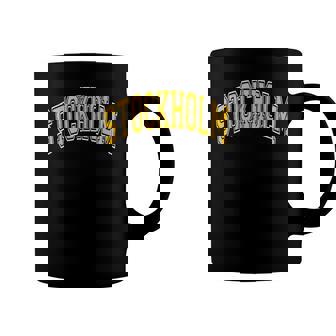 Stockholm Sweden Varsity Style Yellow Text Coffee Mug | Mazezy