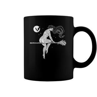 Tattooed Witch On Broomstick Full Moon & Bat Halloween Coffee Mug | Mazezy