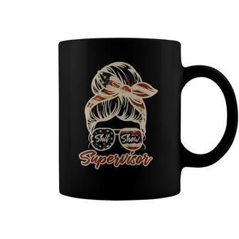 Womens Shit Show Supervisor Funny Messy Bun Usa Us Flag Sunglasses V-Neck Coffee Mug