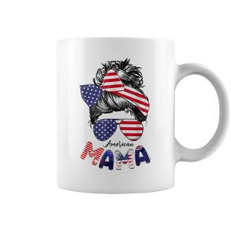 4Th Of July American Mama Messy Bun Mom Life Patriotic Mom Coffee Mug - Seseable