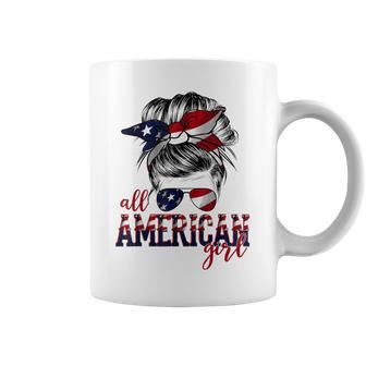All American Girl Messy Hair Bun Woman Patriotic 4Th Of July Coffee Mug - Seseable