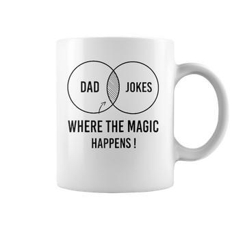 Dad Jokes Where The Magic Happens Funny Fathers Day Raglan Baseball Coffee Mug | Mazezy